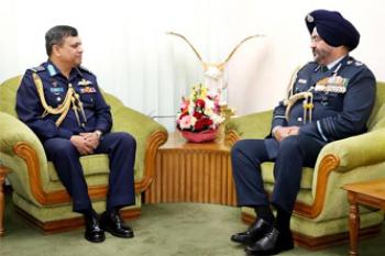 Chief of Air Staff of Indian Air Force Air Chief Marshal Birender Singh Dhanoa called on Chief of Air Staff of Bangladesh Air Force Air Chief Marshal Masihuzzaman Serniabat at Air Headquarters on Monday (Feb 11)