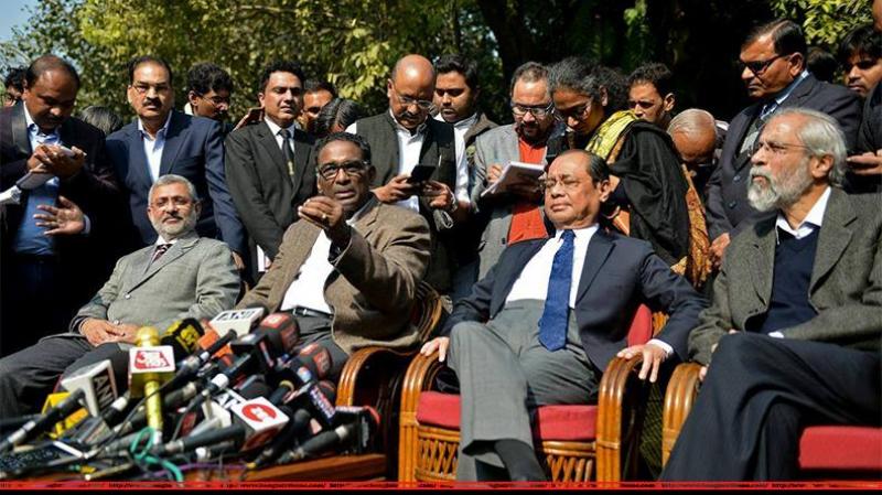 (From L to R on seat) Justices Kurian Joseph, Jasti Chelameswar, Ranjan Gogoi and Madan Lokur address the media at a news conference in New Delhi, India January 12, 2018 (Photo: Reuters)