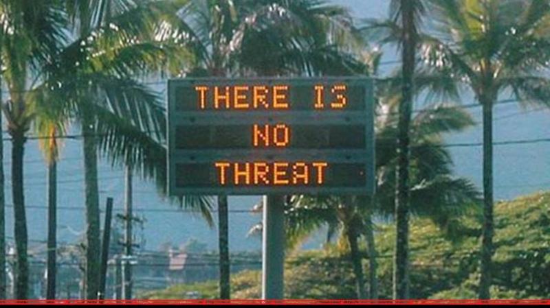An electronic sign reads `There is no threat` in Oahu, Hawaii, U.S, after a false emergency alert that said a ballistic missile was headed for Hawaii, in this January 13, 2018