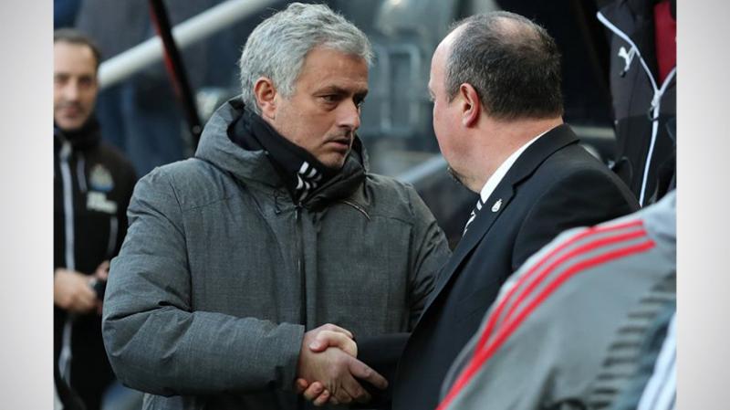 Manchester United manager Jose Mourinho shakes hands with Newcastle United manager Rafael Benitez before the match (Photo Reuters)