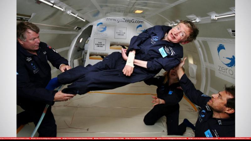 British cosmologist Stephen Hawking experiences zero gravity during a flight over the Atlantic Ocean in 2007