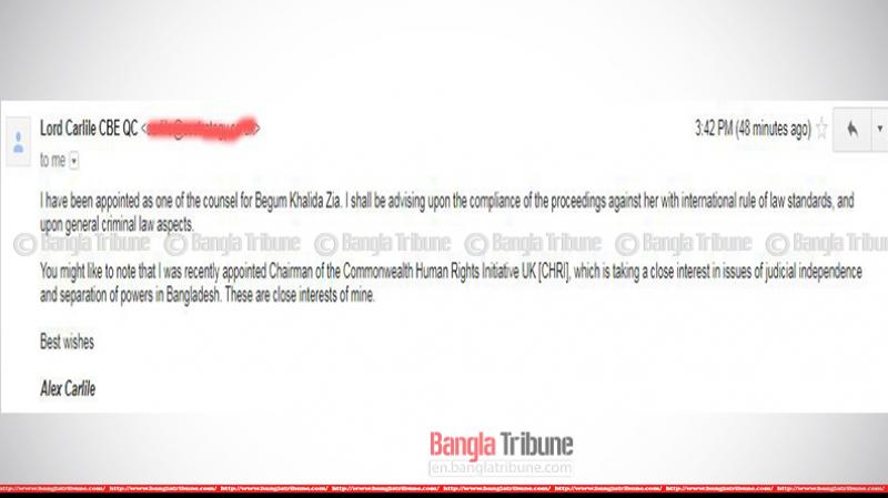 Screenshot of the email sent by Alex Carlisle in response to a query of Bangla Tribune