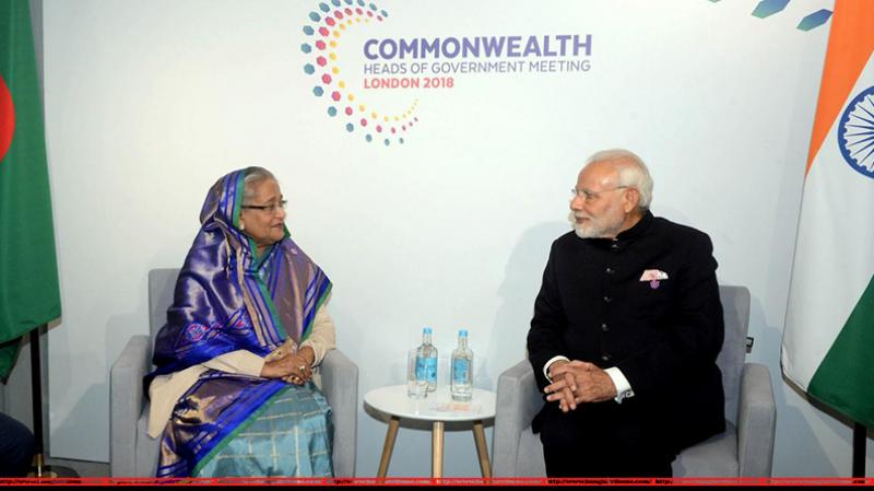 Bangladesh Prime Minister Sheikh Hasina and her Indian counterpart Narendra Modi during talks at the sidelines of the Commonwealth summit at London in April this year. FILE PHOTO