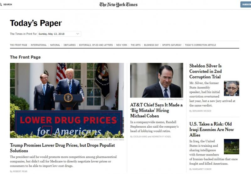 Front Page of New York Times