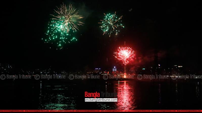 Fireworks at Dhaka's Hatirjheel lake to celebrate the successful launch of Bangabandhu-1 satellite.