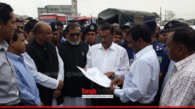 Road Transport Minister Obaidul Quader visits the progress of works on four-lane highway in Gazipur’s Chandra on Saturday.