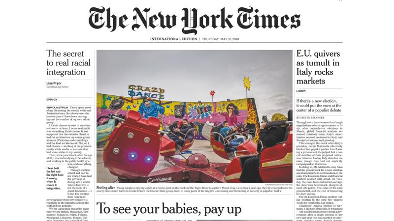 Front page of The New York Times (international edition) on May 31, 2018