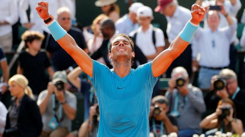 Spain’s Rafael Nadal celebrates after winning his semi final match against Argentina’s Juan Martin Del Potro on June 8, 2018. REUTERS
