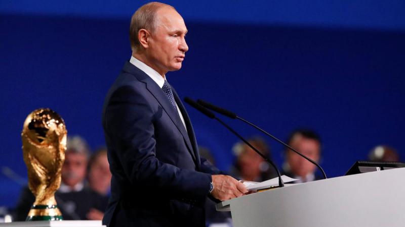 Russian President Vladimir Putin delivers a speech during the 68th FIFA Congress in Moscow, Russia June 13, 2018. REUTERS