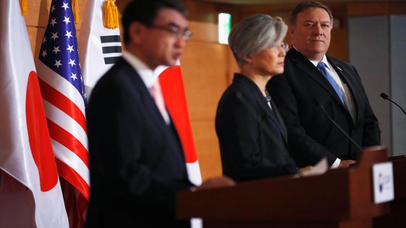 US Secretary of State Mike Pompeo looks on next to South Korean Foreign Minister Kang Kyung-wha and Japan`s Foreign Minister Taro Kono during a joint news conference at the Foreign Ministry in Seoul, South Korea June 14, 2018. REUTERS