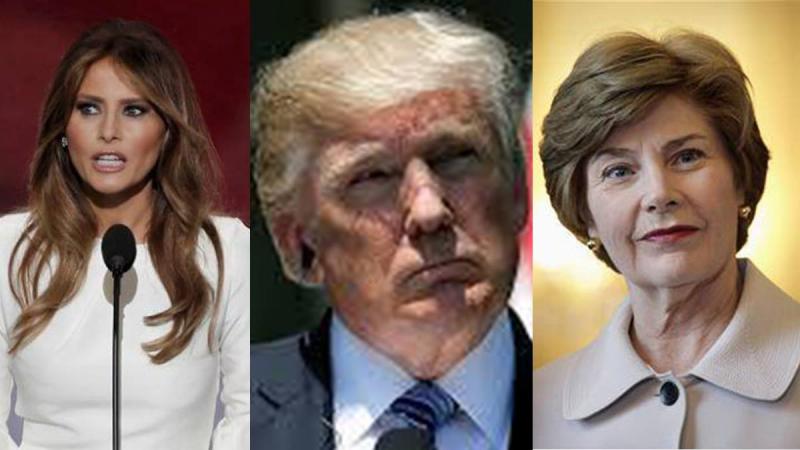 The image combination shows Melania Trump (L), Donald Trump (M) and Laura Bush (R)