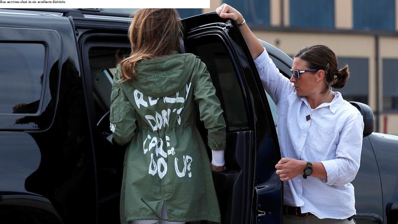 US first lady Melania Trump walks from her to her motorcade wearing a Zara design jacket with the phrase `I Really Don`t Care. Do U?` on the back as she returns to Washington from a visit to the US-Mexico border area in Texas, at Joint Base Andrews, Maryland, US, June 21, 2018. REUTERS
