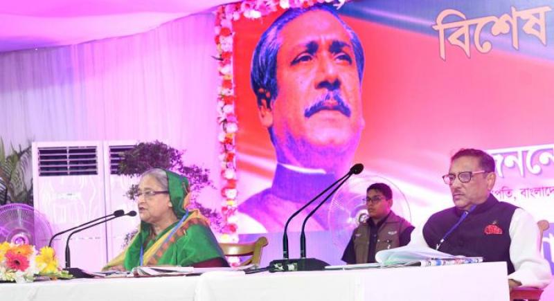 Sheikh Hasina addressing the special extended meeting of the Awami League, attended by leaders from units across the country. FOCUS BANGLA