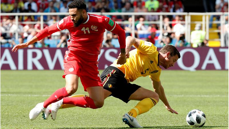 Belgium vs Tunisia - Spartak Stadium, Moscow, Russia - June 23, 2018 Belgium`s Jan Vertonghen in action with Tunisia`s Dylan Bronn. REUTERS