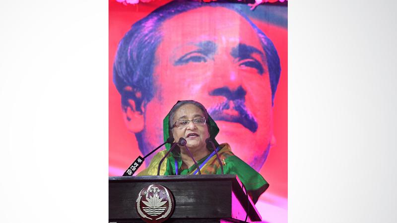 Sheikh Hasina addressing the special extended meeting of the Awami League, attended by leaders from units across the country. FOCUS BANGLA