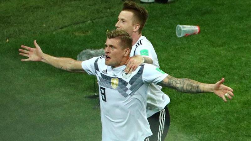 Germany`s Toni Kroos celebrates scoring their first goal with Marco Reus at Fisht Stadium, Sochi, Russia on June 23, 2018. REUTERS