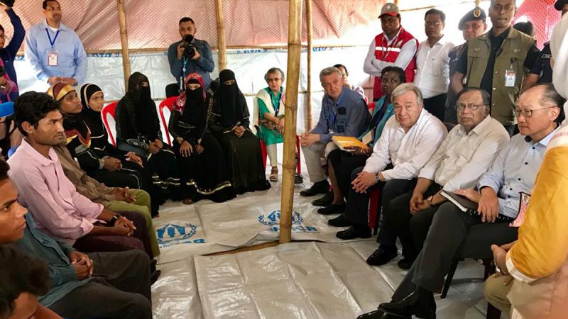 Foreign Minister AH Mahmood Ali, UN Secretary-General António Guterres and World Bank Group President Jim Yong Kim listening to unimaginable accounts of killing and rape from Rohingya refugees who recently fled Myanmar.