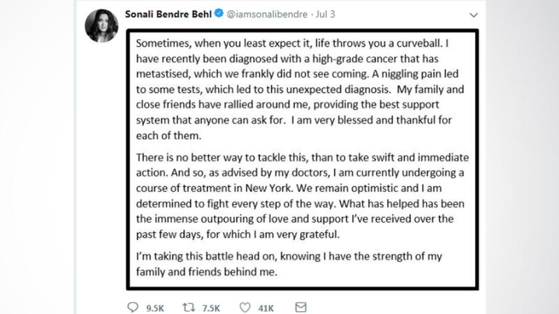 Sonali Bendre`s twitter post on July 3, 2018.