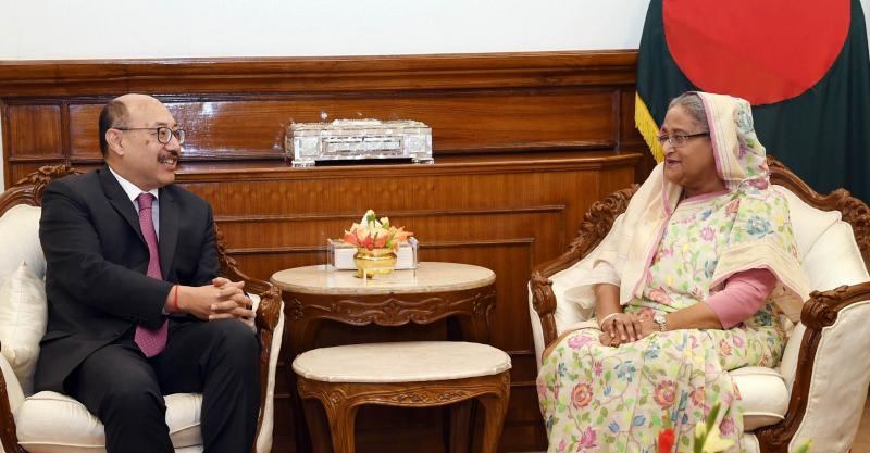 Indian High Commissioner in Dhaka Harsh Vardhan Shringla make a courtesy call on Prime Minister Sheikh Hasina at her office in Dhaka on Thursday. PID