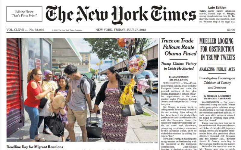 Front Page of The New York Times on Friday  (Jul 27)
