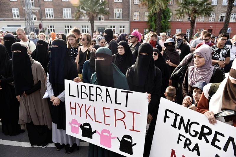 Demonstration on the first day of the implementation of the Danish face veil ban in Copenhagen, Denmark August 1, 2018. REUTERS