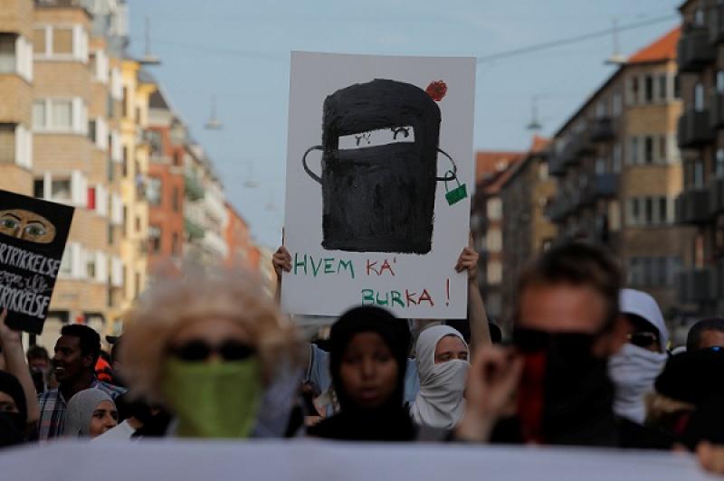 People participate in a demonstration against the Danish face veil ban in Copenhagen, Denmark, August 1, 2018. REUTERS