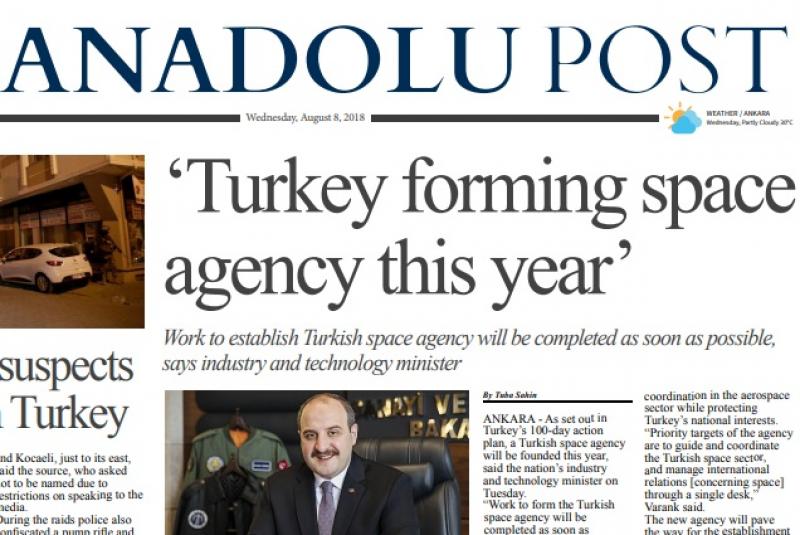 Front page of Anadolu Post on Wednesday (August 8).
