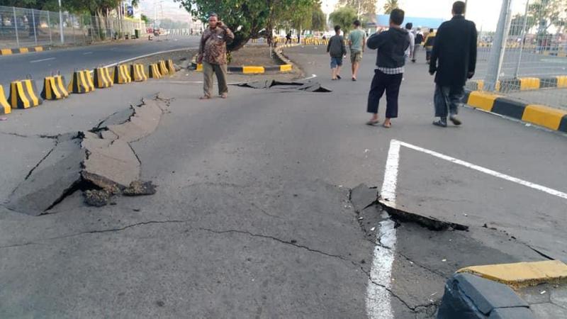 A crack emerges on a road at Kayangan Port after an earthquake hit Lombok, Indonesia, August 20, 2018, in this picture obtained from social media. REUTERS