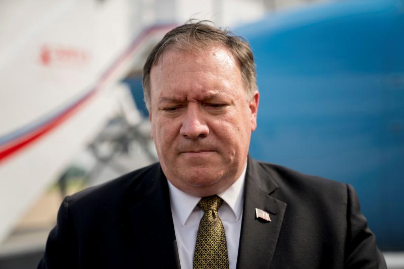 US Secretary of State Mike Pompeo speaks to members of the media following two days of meetings with Kim Yong Chol, a North Korean senior ruling party official and former intelligence chief, before boarding his plane at Sunan International Airport in Pyongyang, North Korea, July 7, 2018, to travel to Japan. REUTERS