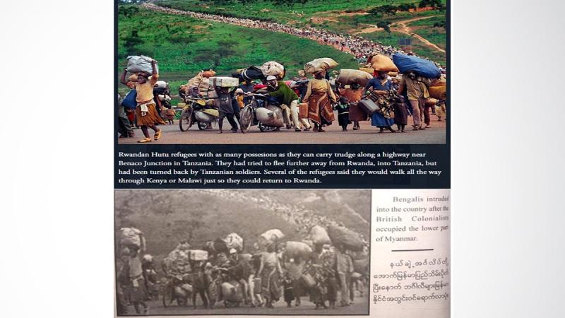 The top screenshot shows a prize-winning image of Hutu refugees taken in 1996 following the violence in Rwanda. In the bottom screenshot, the same image has been altered for use in the Myanmar army’s recently published book on the Rohingya. It has been converted to black and white, and the caption falsely describes the subjects as Bengalis who have “intruded” into Myanmar after the British colonial occupation of lower Myanmar. Top: Martha Rial/Pittsburgh Post-Gazette/The Pulitzer Prizes. Bottom: Myanmar Politics and the Tatmadaw: Part 1. REUTERS