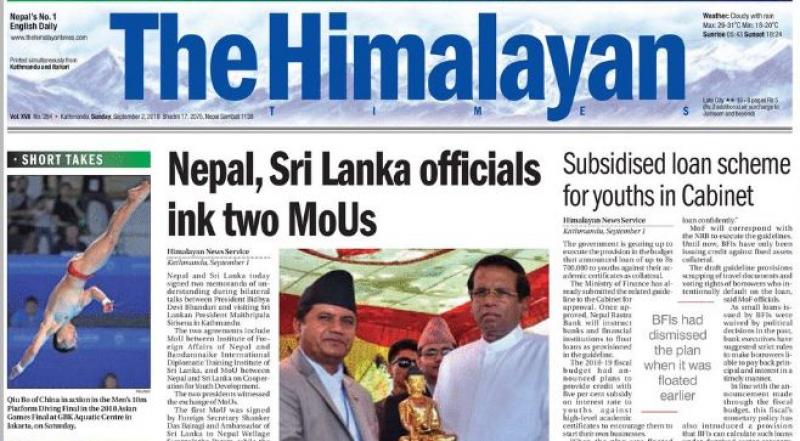 Front page of The Himalayan Times on Sunday (Sept 2)