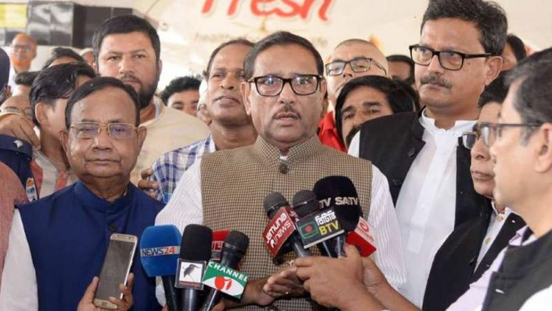 Awami League General Secretary Obaidul Quader speaking to the media before boarding the train at the Kamalapur Railway Station in Dhaka.