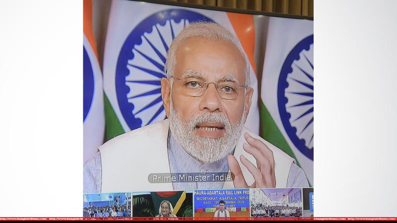 Indian premier Narendra Modi speaks at a video conference at Delhi on Monday (Sept 10) to inaugurate of the supply of 500 megawatts of electricity to Bangladesh from India.