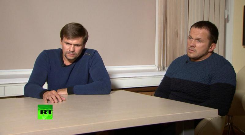 A still image taken from a video footage and released by RT international news channel on September 13, 2018, shows two Russian men with the same names, Alexander Petrov and Ruslan Boshirov, as those accused by Britain over the case of former Russian spy Sergei Skripal and his daughter Yulia, during an interview at an unidentified location, Russia. RT/Handout via REUTERS TV