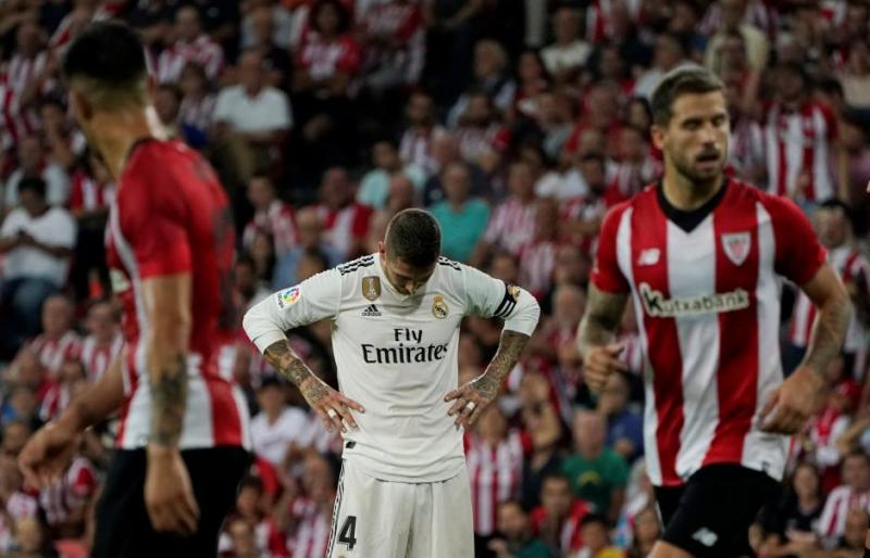 Real Madrid`s Sergio Ramos reacts during the match against Athletic Bilbao at San Mames, Bilbao, Spain on Sept 15, 2018. REUTERS