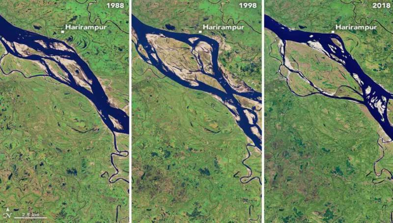 The most erosive area on the Padma is in its upper section - the Harirampur region Nasa Earth Observatory