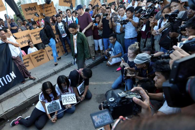 Myanmar press freedom advocates and youth activists hold a demonstration demanding the freedom of two jailed Reuters journalists Wa Lone and Kyaw Soe Oo in Yangon, Myanmar September 16, 2018. REUTERS