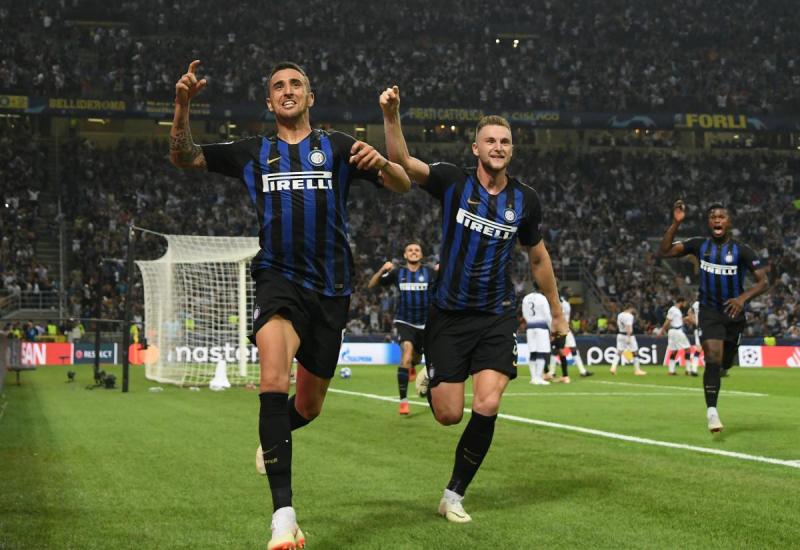 Inter Milan`s Matias Vecino celebrates scoring their second goal against Tottenham Hotspur at San Siro, Milan, Italy on Sept 18, 2018. REUTERS