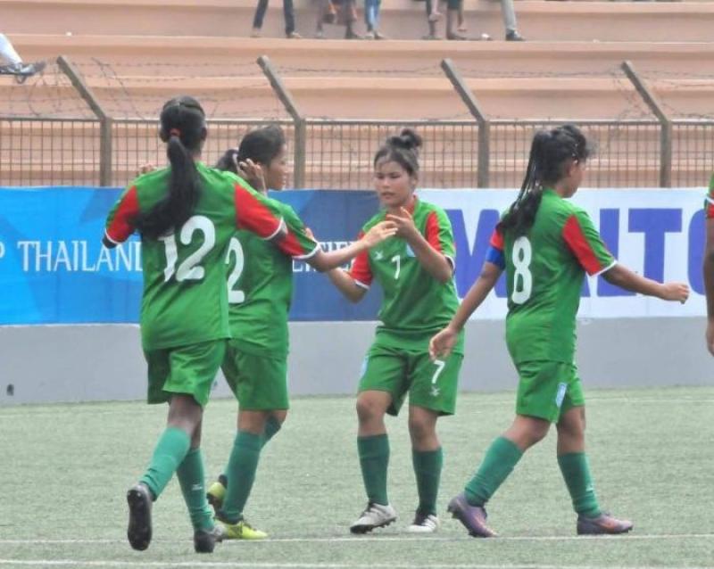 Bangladesh Women Football Team celebrates after scoring a goal against UAE at Bir Shreshtha Shaheed Sipahi Mostafa Kamal Stadium in the city’s Kamalapur on Friday (Sept 21).
