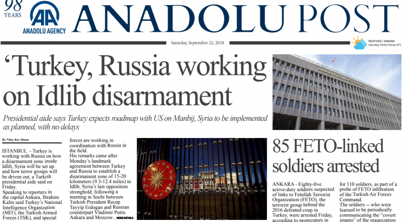 Front page of Anadolu Post on  Sept 22, 2018.
