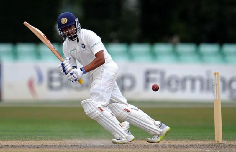 Prithvi Shaw is playing a shot in the way to his maiden test century on Thursday (Oct 04). PHOTO: BSS