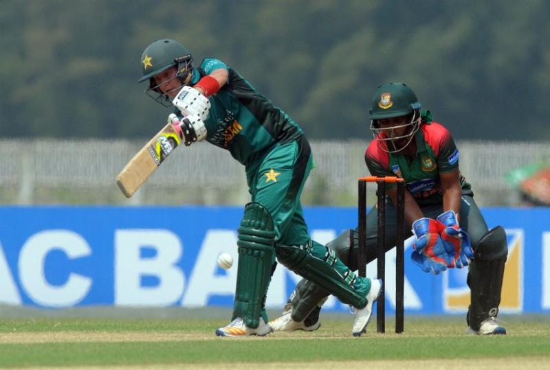 Pakistan`s Bibi Nahida plays a shot against Bangladesh women in the third T20I at Cox`s Bazar. PHOTO: BCB