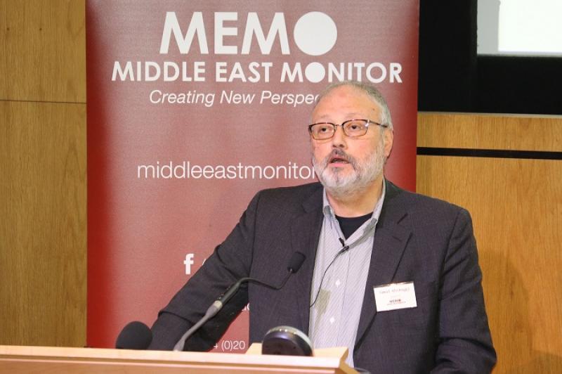Saudi dissident Jamal Khashoggi speaks at an event hosted by Middle East Monitor in London Britain, September 29, 2018. Picture taken September 29, 2018. Middle East Monitor/Handout via REUTERS.