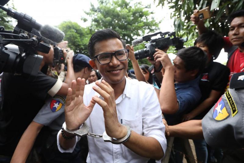 Kyaw Zaw Linn, the editor in charge at Eleven Media arrives after being detained at Tamwe court in Yangon, Myanmar, October 10, 2018. REUTERS