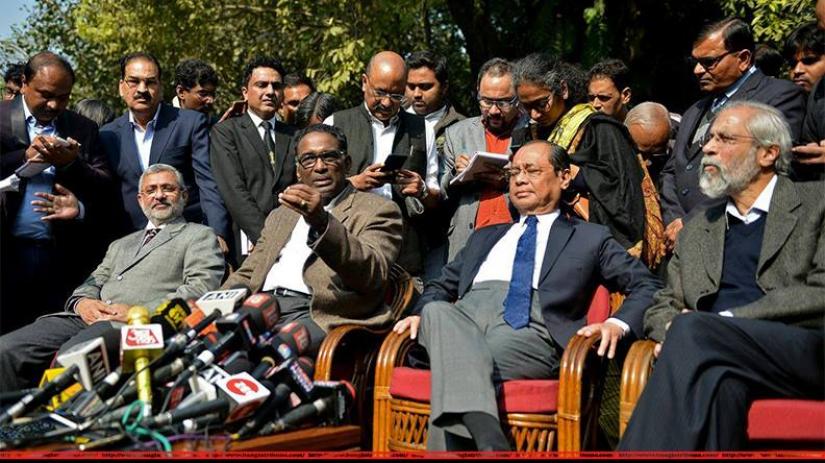 (From Left  to Right) Justices Kurian Joseph, Jasti Chelameswar, Ranjan Gogoi and Madan Lokur address the media at a news conference in New Delhi, India January 12, 2018 (Photo:Reuters)