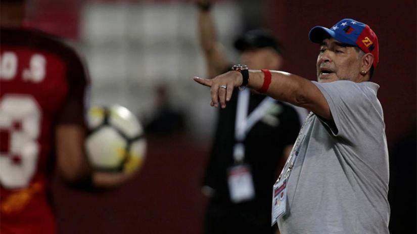 Al Fujairah`s manager Diego Maradona of Argentina reacts during the match. REUTERS