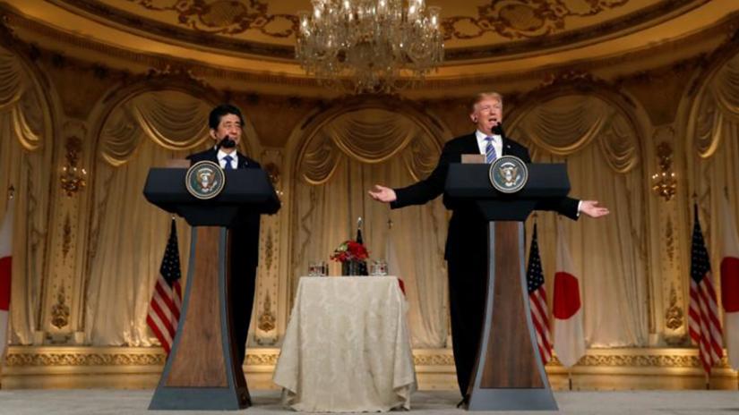 US President Donald Trump speaks as he hosts a joint news conference with Japan`s Prime Minister Shinzo Abe at Trump`s Mar-a-Lago estate in Palm Beach, Florida, US, April 18, 2018. REUTERS