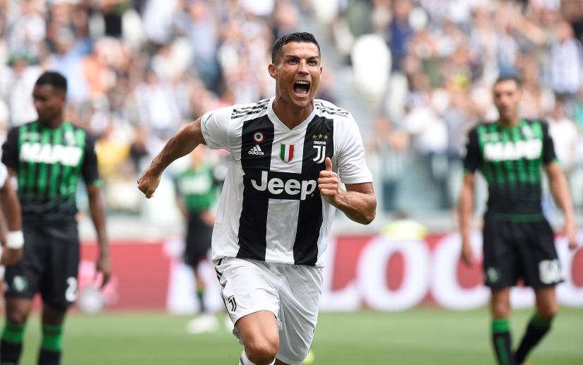 Juventus` Cristiano Ronaldo celebrates scoring his first goal since joining the Turin side. REUTERS