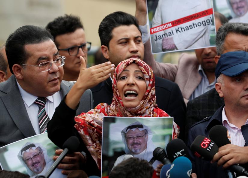 Nobel Peace Prize winner Tawakkol Karman of Yemen talks during a protest outside the Saudi Consulate in Istanbul, Turkey Oct 8. REUTERS