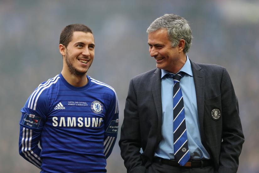 Former Chelsea manager Jose Mourinho and Eden Hazard at Wembley Stadium in 2015. Action Images via REUTERS/file photo